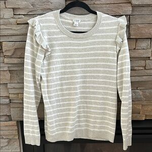 LOFT Gray Striped Ruffle Sweater